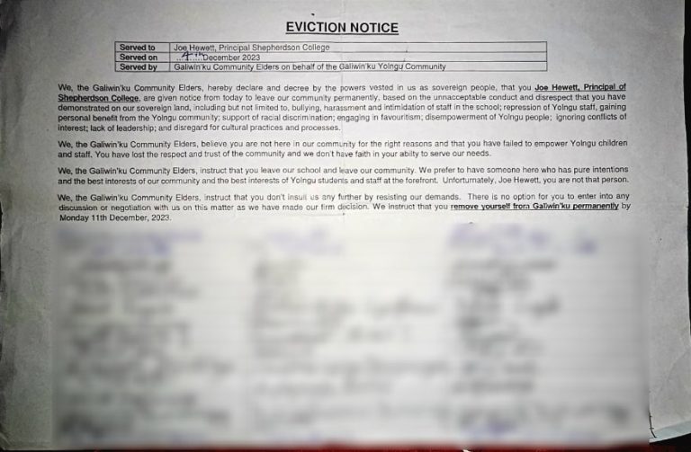 ‘Not here for the right reasons’: Eviction notice from 16 clan leaders issued to Galuwin’ku school principal